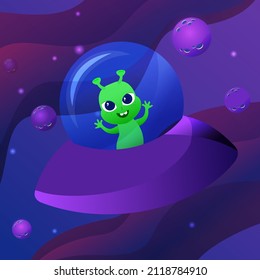 The spaceship and the alien inside are flying in open space among the planets in a cartoon style. A positive and good-natured inhabitant of another planet. Cosmos in blue and purple colors.