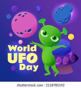 The spaceship and the alien inside are flying in open space among the planets in a cartoon style. A positive and good-natured inhabitant of another planet. Cosmos in blue and purple colors.