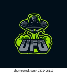 Spaceship and Alien Mascot Logo for Sport and Esport isolated on dark Background