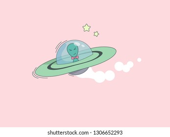 Spaceship with alien on board is on a pink background