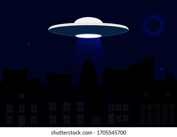 Spaceship of alien on dark night sky background with silhouette of city, moon, stars. Vector illustration. UFO concept. Greeting card, postcard.