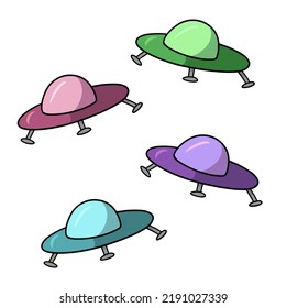 Spaceship, alien ship, set of colored vector illustration in cartoon style on white background