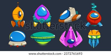 Spaceship and alien ufo ui game vector cartoon set. Fantasy galaxy icon and cosmic spacecraft object illustration. Isolated different jet and shuttle item pack for futuristic adventure interface