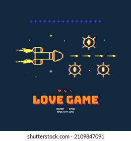 Spaceship and aliens in space. Fertilization of egg. Funny pixel game
