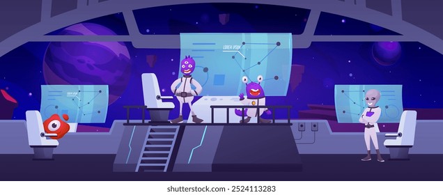 Spaceship with aliens in special spacesuits. Team in the main control room. Shuttle interior. Horizontal banner. Journey through the universe. Planets. Cartoon style. Vector illustration.