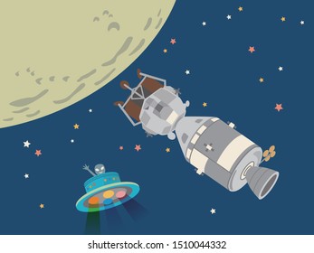 The spaceship Apollo 11. Lunar exploration. And UFO. Vector illustration.