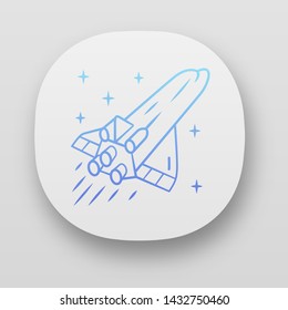 Spaceship app icon. Flying spacecraft. Aerospace vehicle. Missile, aircraft. Human spaceflight. Space exploration. UI/UX user interface. Web or mobile applications. Vector isolated illustrations