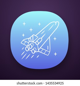 Spaceship app icon. Flying spacecraft. Aerospace vehicle. Human spaceflight. Space exploration. Interplanetary travel. UI/UX user interface. Web or mobile application. Vector isolated illustration