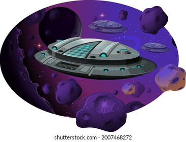 Spaceship with asteroids in galaxy scene illustration