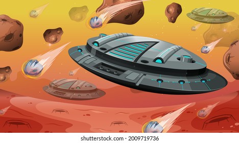 Spaceship with asteroids in space scene illustration