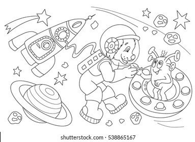 Spaceship, astronaut and alien Coloring page. Vector illustration, coloring book for kids. Doodle page. Children background. Space Coloring book page. Animals cartoon. 