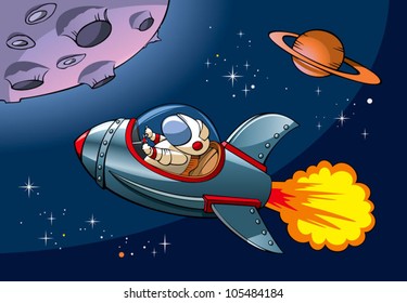 Nave espacial con astronauta acercándose a un planeta, ilustración vectorial