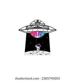 Spaceship with astronaut on moon. Editable vector template