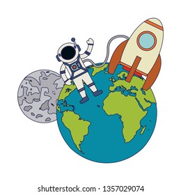 Spaceship and astronaut on world and moon
