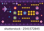 Spaceship attacking aliens in pixel art arcade game. Various enemies surrounded by yellow orbs. Spaceship firing lasers. Ideal for gaming, retro themes, entertainment, nostalgia, sci-fi