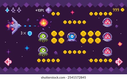 Espaçonave atacando alienígenas em pixel art arcade jogo. Vários inimigos cercados por orbes amarelas. A nave espacial dispara lasers. Ideal para jogos, temas retrô, entretenimento, nostalgia, ficção científica