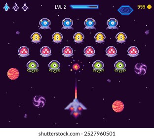 Spaceship attacking rows of alien invaders in a pixel art style. Retro gaming vibe with colorful planets and stars. Ideal for classic arcade, space adventure, retro gaming, nostalgic fun, sci-fi