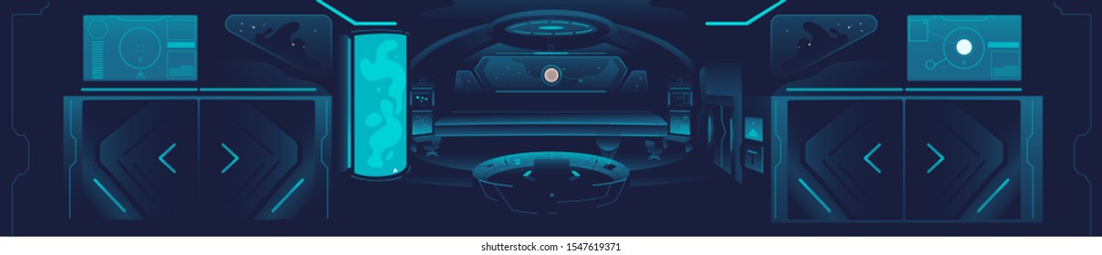 Spaceship banner - dark blue interior of space station with futuristic technology and furniture, spacecraft cockpit room view - hand drawn vector illustration