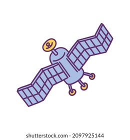 Spaceship with battery wings symbol hand drawn doodle cartoon vector illustration isolated on white background. Funny childish hand drawing style spacecraft.