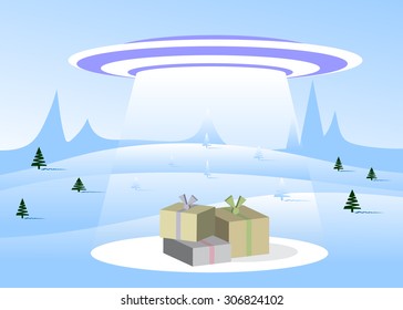  spaceship and boxes with gifts, against a blue winter landscape