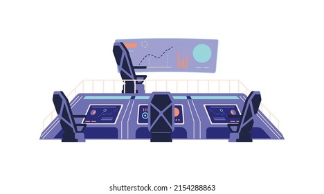 Spaceship-Brücke oder Cockpit mit Stühlen und Computerbildschirmen, flache Vektorgrafik einzeln auf weißem Hintergrund. Futuristisches Raumfahrzeug-Innenelement. Kontrollstation mit elektronischen Paneelen.