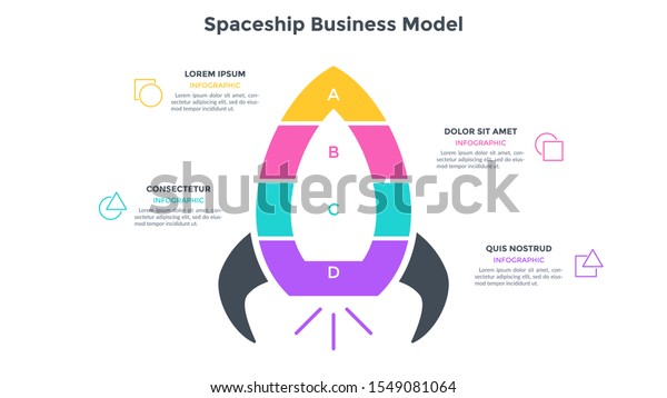 Spaceship business model divided into 4\
colorful parts or levels. Concept of four stages of startup project\
launch. Flat infographic design template. Simple vector\
illustration for\
presentation.