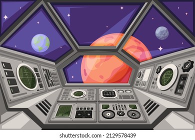 Raumschiff-Kabine. Futuristische Schnittstelle von Raumfahrzeugen mit Dashboard-Paneelen, die Systeme steuern, garnieren Vektorgrafik-Hintergrund