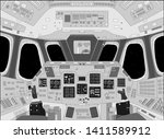 Spaceship cabin from inside, black and white vector illustration
