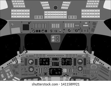 Spaceship cabin from inside, black and white vector illustration