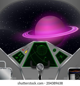 Spaceship Cabin. Vector Spacecraft Interior With The Saturn View