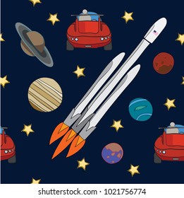 A spaceship and a car flying in space to Mars