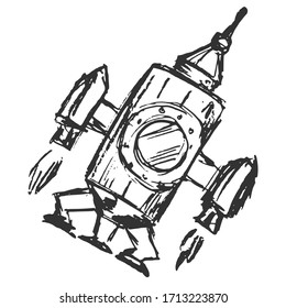 Spaceship in caricature style. Hand drawn, vector, sketch image on white. Motives of space research and cosmos, new, high technology, humor