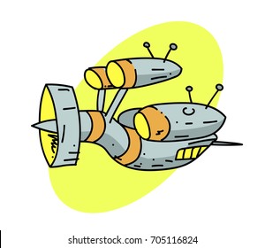 Spaceship cartoon hand drawn image. Original colorful artwork, comic childish style drawing.