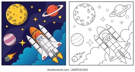 spaceship cartoon line art for kids coloring page book vector illustration