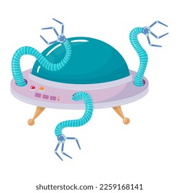 Spaceship in cartoon style. Space exploration. Discovery of new planets. UFO flying saucer with astronauts. Vector illustration on a white background.