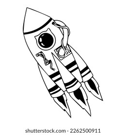 Spaceship in cartoon style. Space exploration. Discovery of new planets. Rocket with astronauts. Vector illustration on a white background.