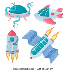 Spaceship in cartoon style. Space exploration. Discovery of new planets. Rocket with astronauts. Vector illustration on a white background.