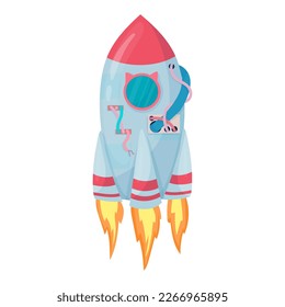 Spaceship in cartoon style. Space exploration. Discovery of new planets. Rocket with astronauts. Vector illustration on a white background.