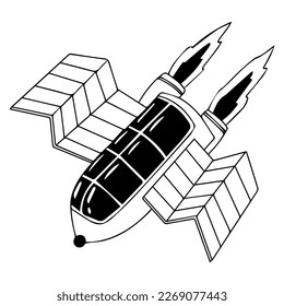Spaceship in cartoon style. Space exploration. Discovery of new planets. Rocket with astronauts. Vector illustration on a white background.