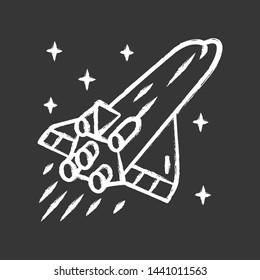 Spaceship chalk icon. Flying spacecraft. Aerospace vehicle. Interstellar space ship. Missile, aircraft. Human spaceflight. Space exploration. Isolated vector chalkboard illustration