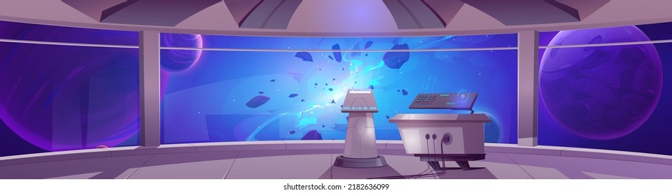 Spaceship cockpit interior with control panels and windows with view of planets, stars and explosion in outer space. Vector cartoon illustration of rocket cabin or lab and cosmos view