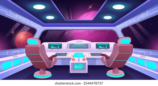 Spaceship cockpit interior. Futuristic space station control panels, pilot chairs and cosmic view of distant planets through cabin windows. Space exploration cartoon vector illustration.