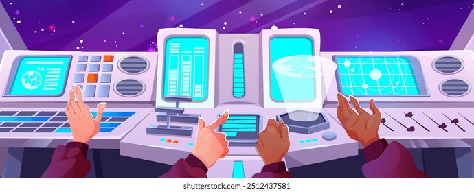 Interior de la cabina de la nave espacial con las manos del piloto masculino en el panel de control. Ilustración vectorial de la vista de la historieta en el espacio exterior a través de las ventanas del transbordador espacial futurista con el tablero del centro de navegación.