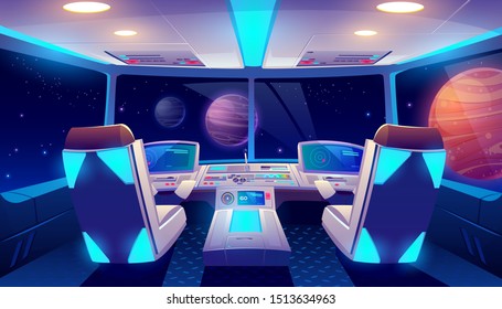 Spaceship cockpit interior with space and planets view, rocket cabin with control panel, neon glowing seats for pilots and flight deck with navigation monitors, pc game Cartoon vector illustration