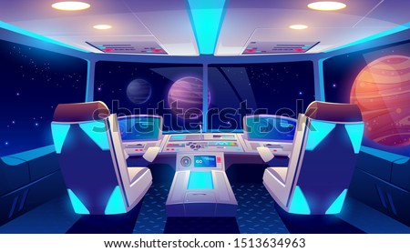 Spaceship cockpit interior with space and planets view, rocket cabin with control panel, neon glowing seats for pilots and flight deck with navigation monitors, pc game Cartoon vector illustration