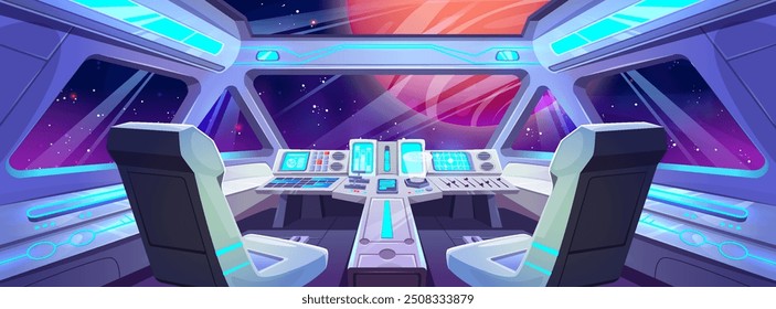 Spaceship cockpit interior. Vector cartoon illustration of space shuttle cabin flight in night sky, pilot seats, computer dashboard with buttons and displays, planet and stars seen through windshield