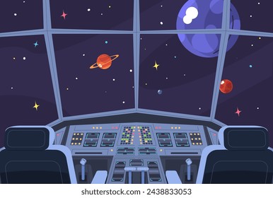 Nave espacial cabina. Cabina de nave espacial interestelar en el interior, cohete futurista lanzadera en misión espacial de galaxia alienígena, panel de control de la nave jet ilustración vectorial interior de la nave espacial de la cabina