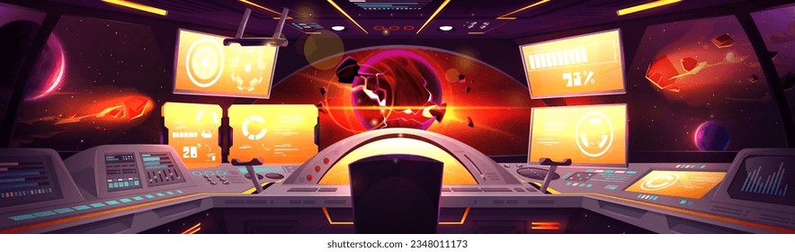 Spaceship cockpit room interior cartoon vector background. Futuristic alien panel control station in nasa spacecraft cabin with window for galaxy view on cosmic flying asteroid and planet explode