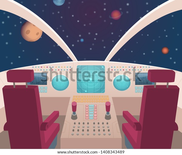 宇宙船コックピット 内部を折り返し ダッシュボードパネルのベクターイラストを漫画のように描きます ロケット船が中に入り 宇宙船のダッシュボード のベクター画像素材 ロイヤリティフリー