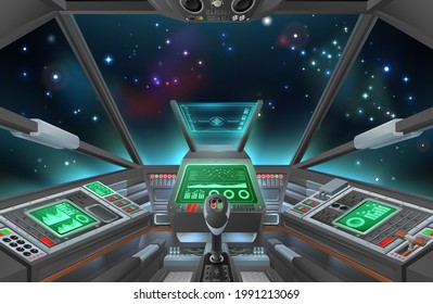 A Spaceship Cockpit With Space Ship Controls. A Possibly Alien Spacecraft Cabin Interior With Outerspace Outside.